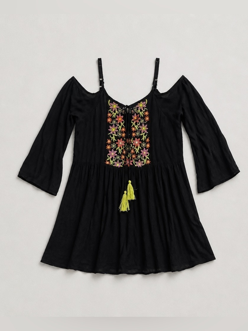 Exist Black Cold-Shoulder Dress with Multicolor Floral Embroidery